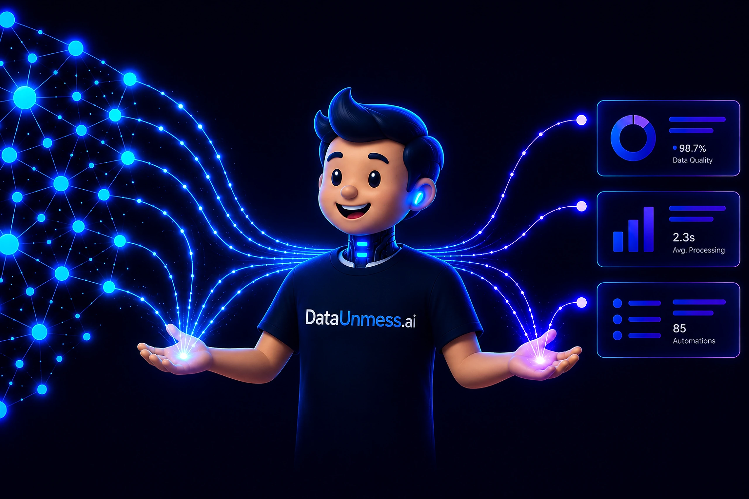 DataUnmess AI character transforming connected data into quality, processing, and automation metrics